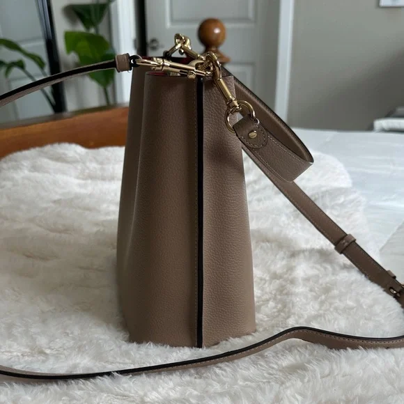 Coach Taupe Leather Crossbody Bucket Bag with Red Interior - Picture 6 of 15